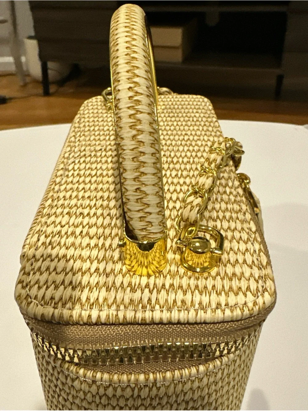 Woven Beige Crossbody Vanity Bag with Gold Handle